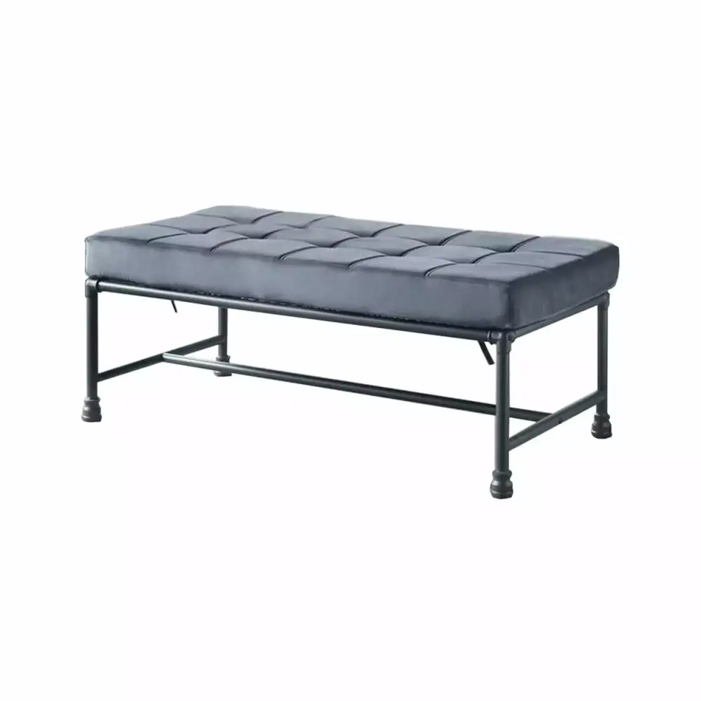 Bench with Button Tufted Seat and Pipe Style Metal Frame in Gray