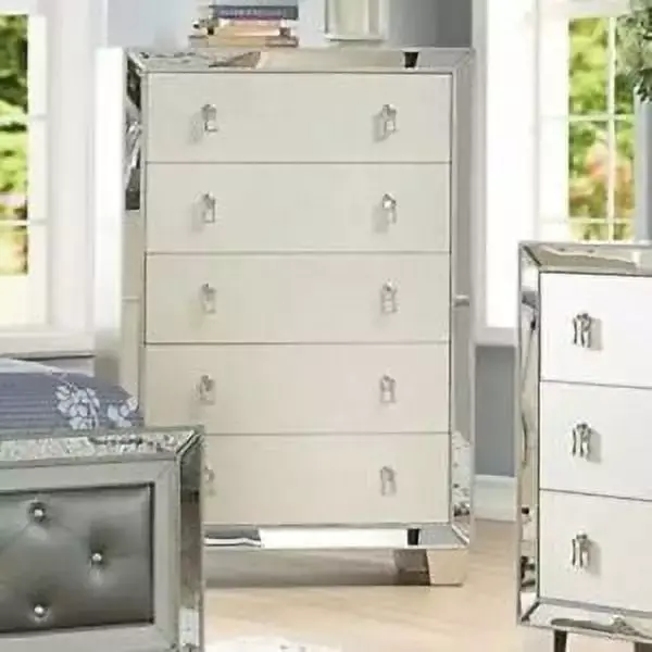 Beautiful Cal King Size 6pc Bedroom Set with Upholstered Tufted Bed Dresser Mirror Nightstands Chest in Silver
