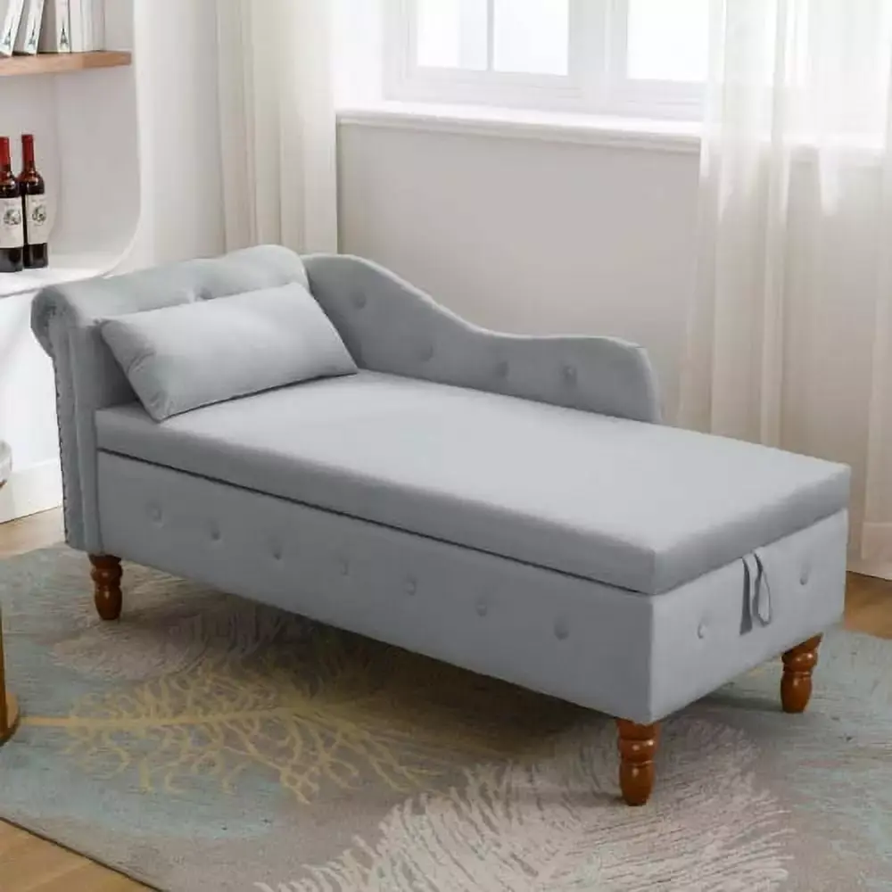 Adrinfly Grey Velvet Chaise Lounge Indoor with Storage & Pillow Modern Upholstered Rolled Arm