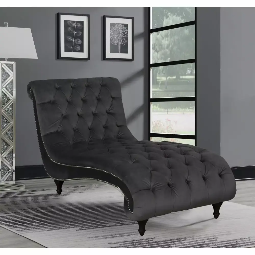 Button Tufted Upholstered Chaise in Charcoal - Classic Lounge Chair