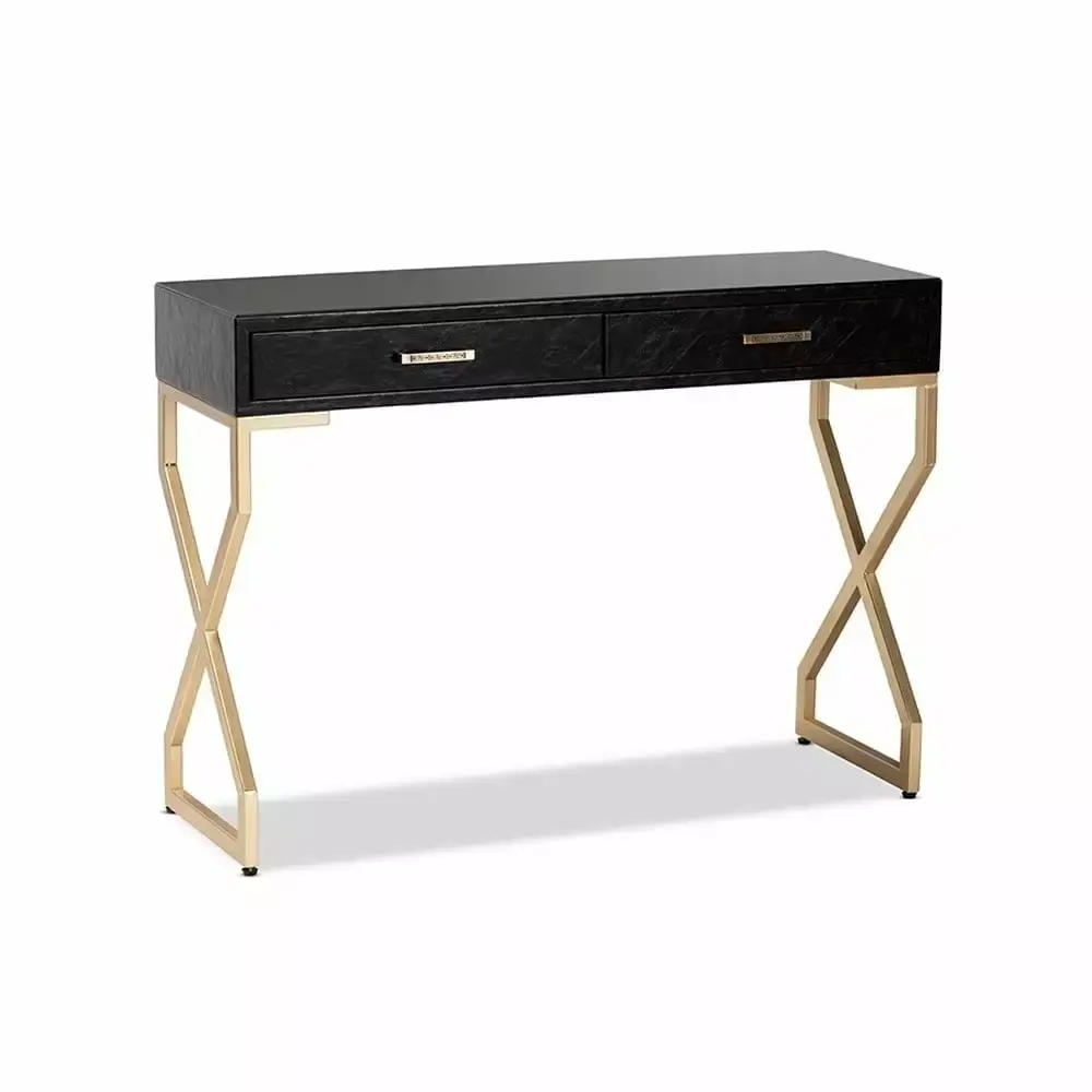 Contemporary Dark Brown Faux Leather Upholstered Gold Finished 2-Drawer Console Table