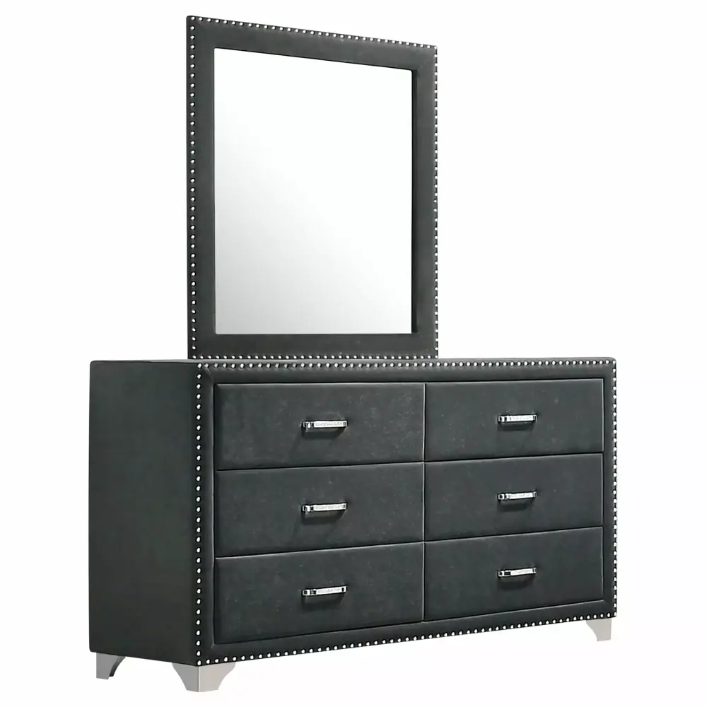 Coaster Melody 6-drawer Velvet Upholstered Dresser with Mirror in Gray - Modern Bedroom Set