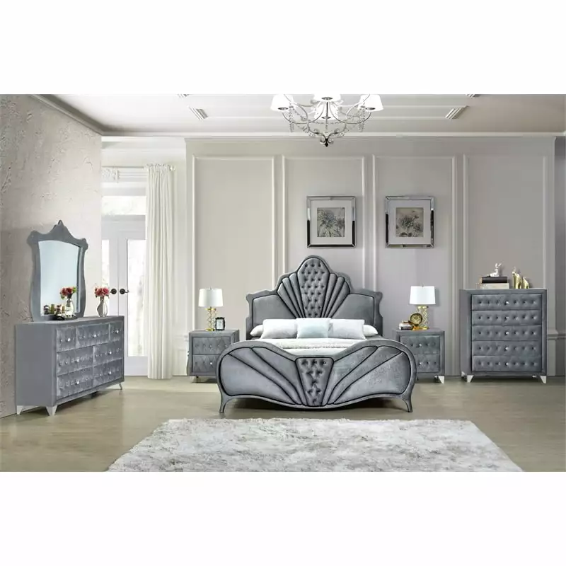 Bowery Hill Rectangular Upholstered 5-Drawer Dante Chest in Gray Velvet