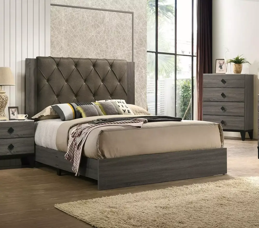 Wooden And Upholstered Tufted Headboard Queen Size Bed Dresser Mirror Nightstand 4pc Bedroom Furniture