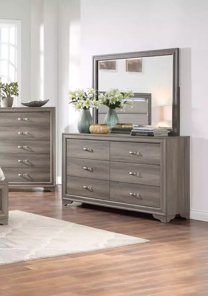 Transitional Style 4pc Queen Bedroom Set with Light Brown Burlap Upholstered Headboard Dresser Mirror