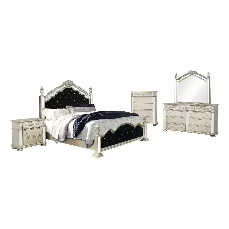 Heidi 5-piece Eastern King Tufted Upholstered Bedroom Set Metallic Platinum