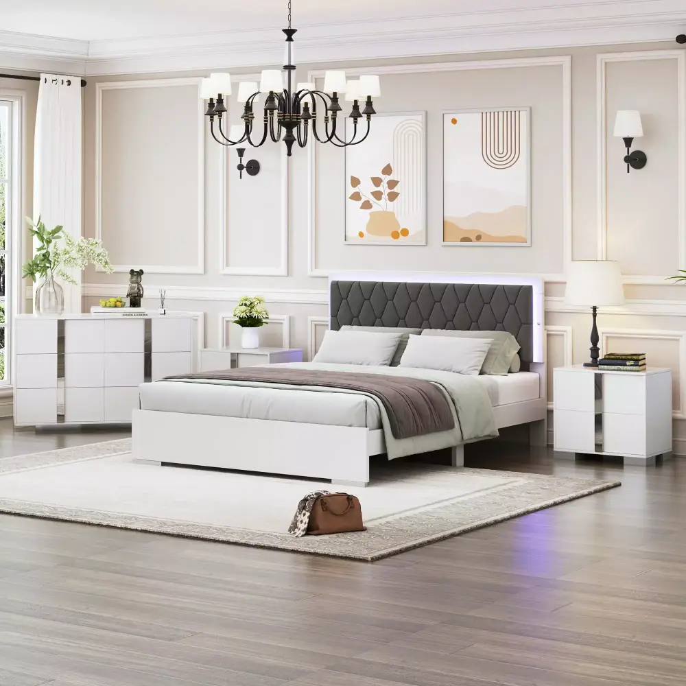 CoSoTower 4-Pieces Queen Bedroom Set Upholstered Bed with LED Lights Mirrored Nightstands Dresser
