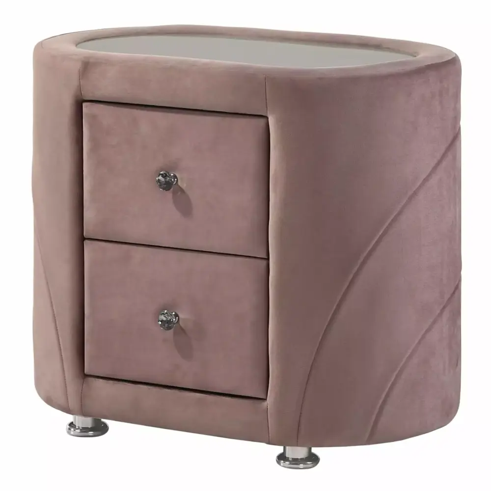 ACME Salonia 2 Drawers Velvet Upholstery Nightstand with Mirror Top in Pink