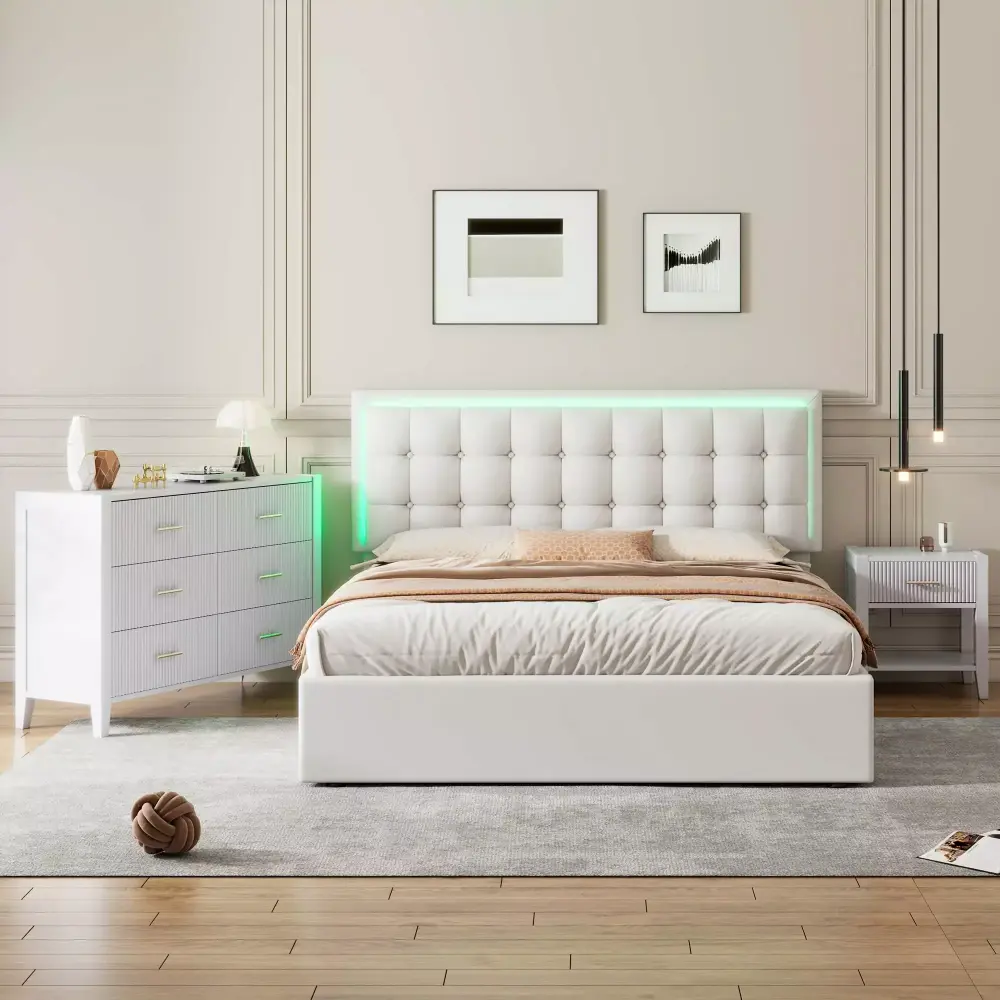 3-Pieces Bedroom Sets Queen Size Tufted Upholstered PU Platform Bed with Nightstand and Storage Dresser White