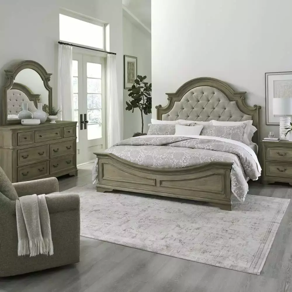 Liberty Furniture Magnolia Manor Queen Upholstered Bedroom Set with Dresser, Mirror, and Night Stand