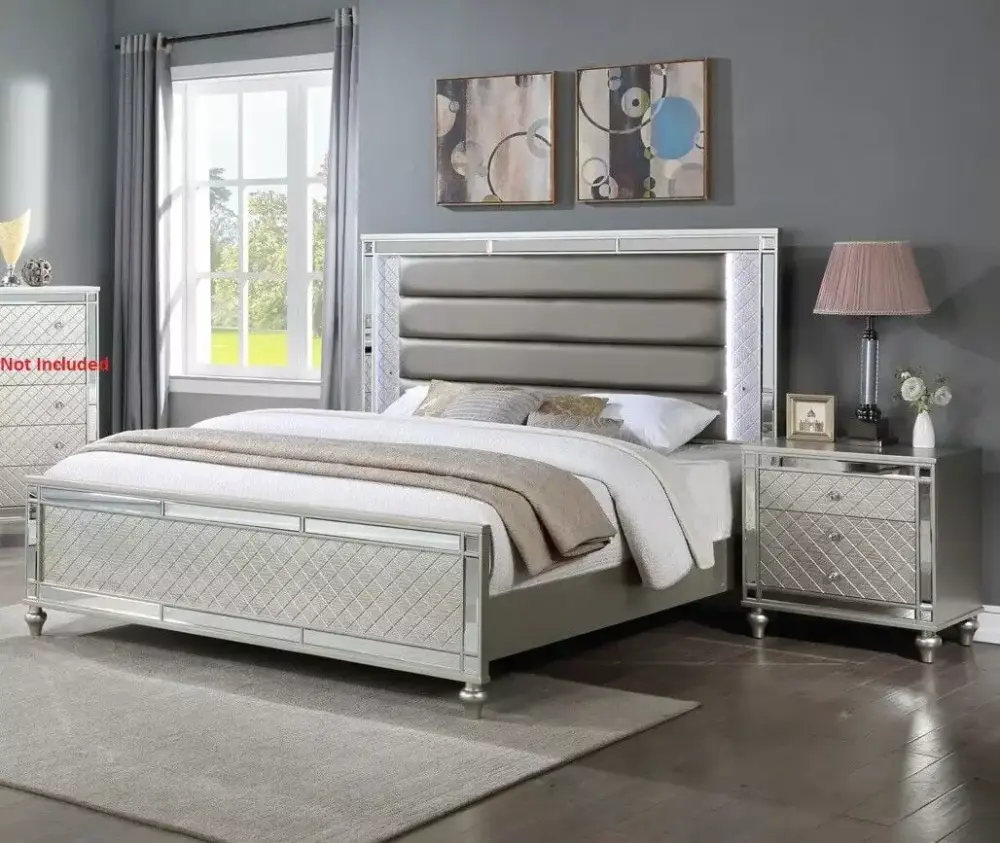 Modern Glam Style 3-Piece Queen Size Upholstered LED Bed and Nightstands Set