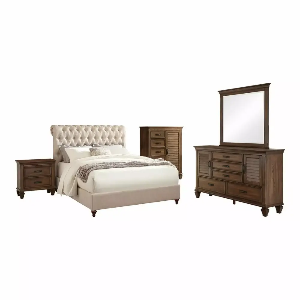 Devon 5-Piece Upholstered Queen Bedroom Set in Beige and Burnished Oak