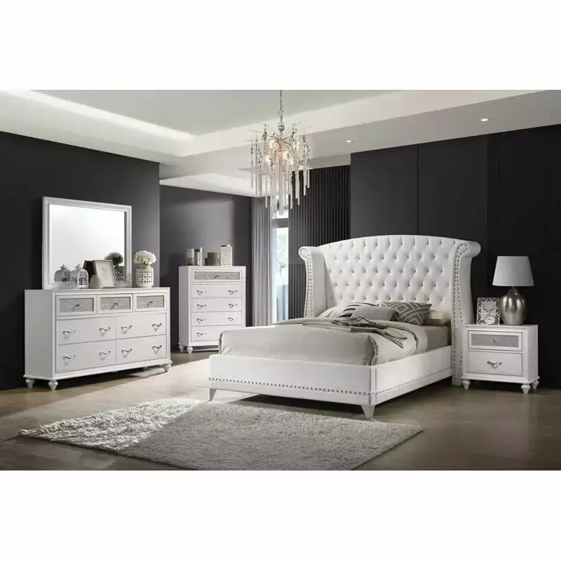 Barzini Upholstered Tufted Bedroom Set White - Queen Size Bed with Headboard and Nightstands