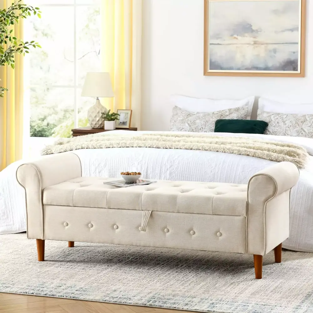 62-inch Beige Bedroom Storage Bench Linen Upholstery Tufted Ottoman