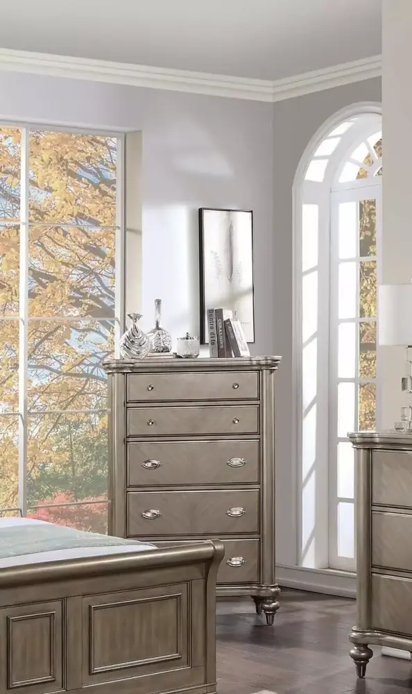 6pc Eastern King Upholstered Bedroom Set Grey Wooden Dresser Mirror Nightstands Chest