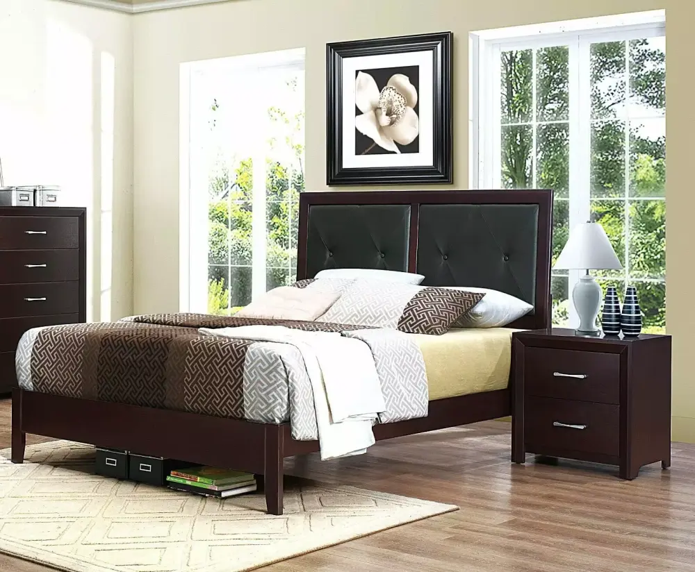 Espresso Finish Transitional 3pc Bed Set with Button-Tufted Nightstands Upholstered Headboard King Size