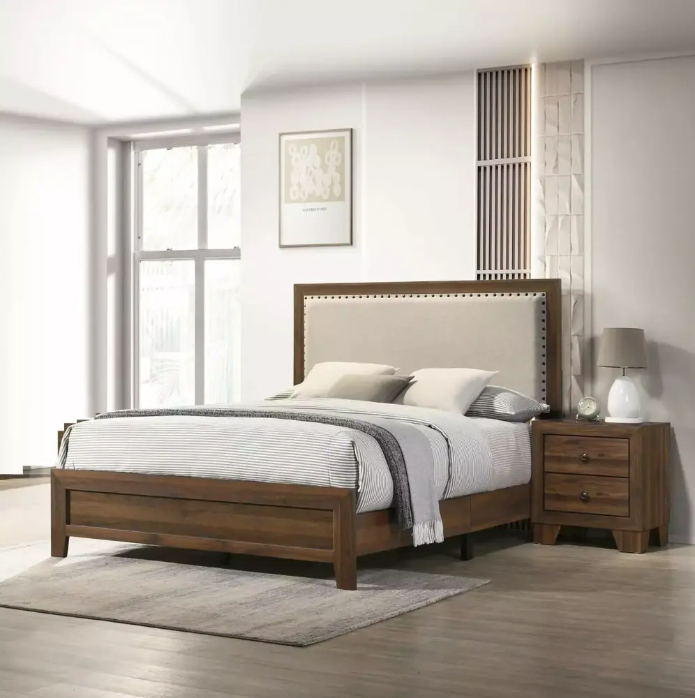 Beautiful Brown Cherry Finish 3Pc Twin Size Upholstered Headboard Panel Bed with 2 Nightstands