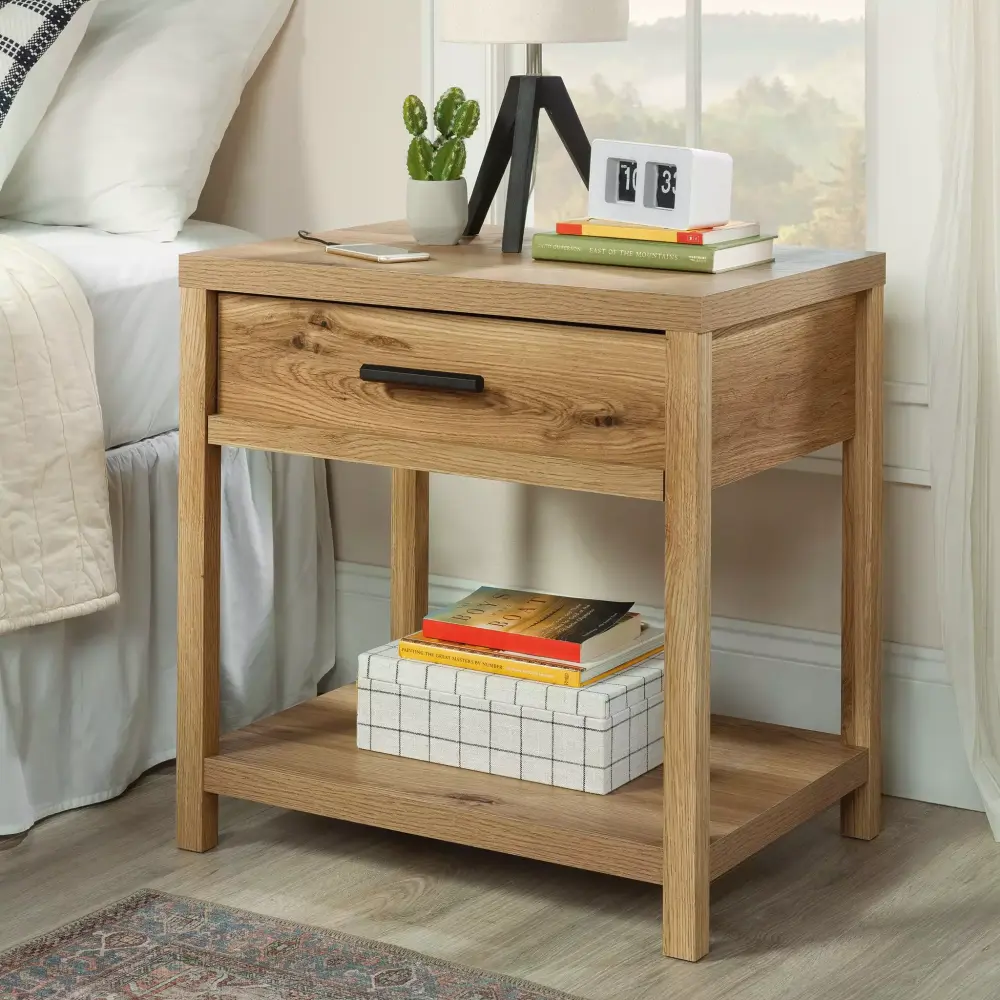 Erie Gatherion by Sauder Timber Oak Nightstand with 1 Drawer and 2 USB A Ports Functional Charging Station