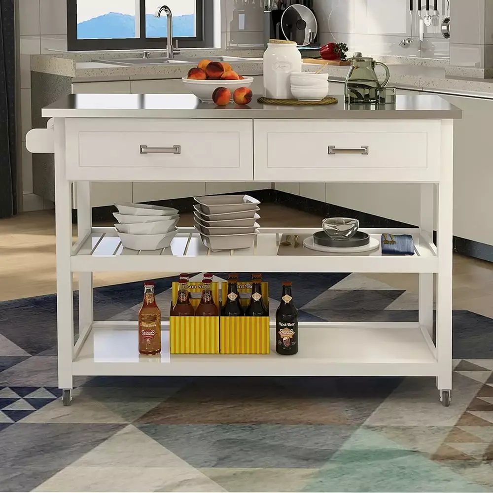 Veryke Console Table with Stainless Steel Table Top Kitchen Storage Cart with Two Drawers White Modern Utility Table