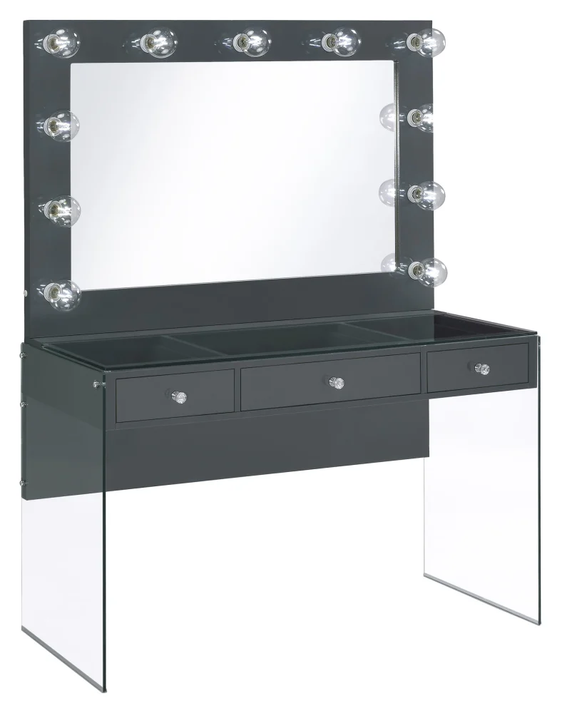 Afshan 3-drawer Vanity Desk with Lighting Mirror in Grey High Gloss