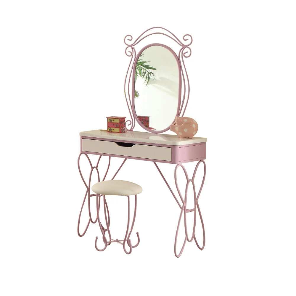 Priya II White & Light Purple Vanity Set with Mirror and Stool