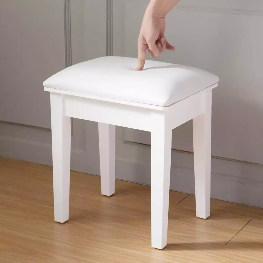 White Vanity Makeup Bench Stool with PU Leather Seat and Solid Wood Legs