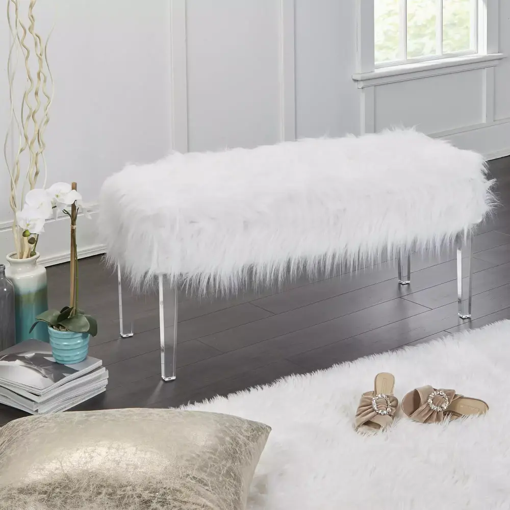Vanessa Faux Fur and Glass Vanity Storage Bench White Finish