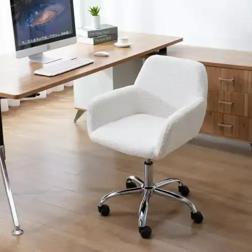 Faux Fur Home Office Chair Fluffy Fuzzy Comfortable Makeup Vanity Swivel Desk Chair Height Adjustable Dressing Chair for Bedroom