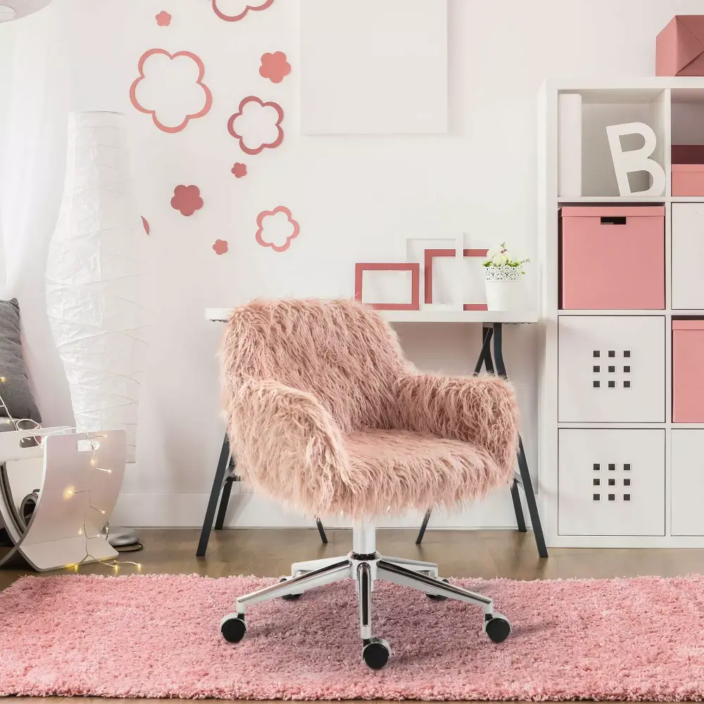 Vinsetto Faux Fur Desk Chair Swivel Vanity Chair with Adjustable Height and Wheels Pink