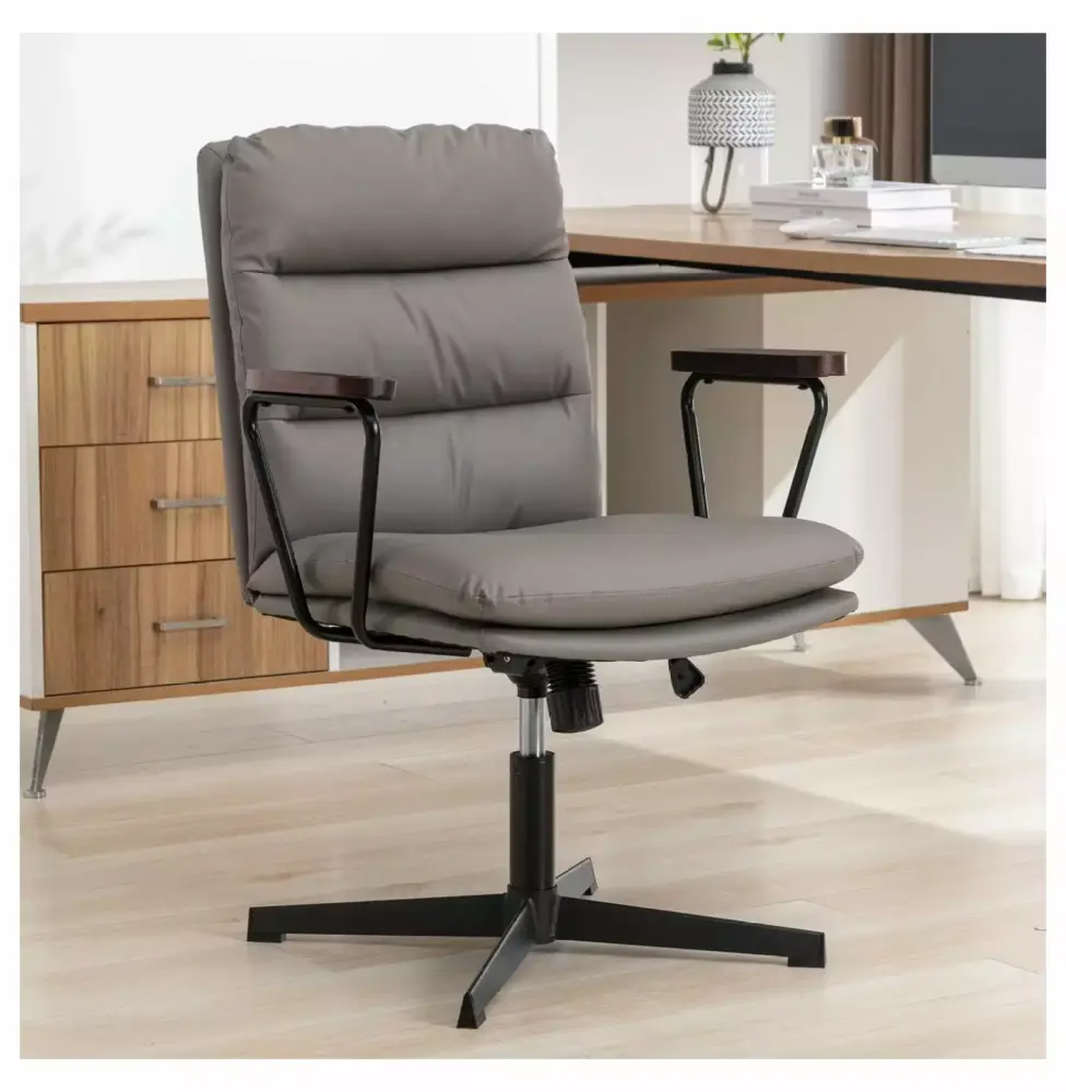 Killeryuki Modern Office Desk Chair with Wooden Armrests Ergonomic PU Leather Swivel Vanity Chair