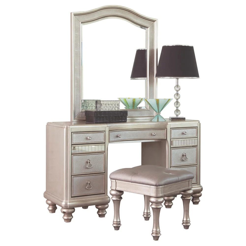 Bling Game 3-Piece Vanity Set Metallic Platinum with Mirror and Stool