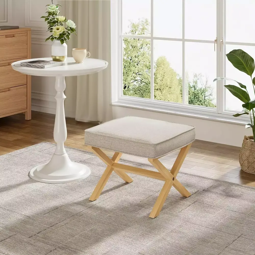 WhizMax 20 Vanity Stool Upholstered Square Ottoman with Solid Wood X Legs
