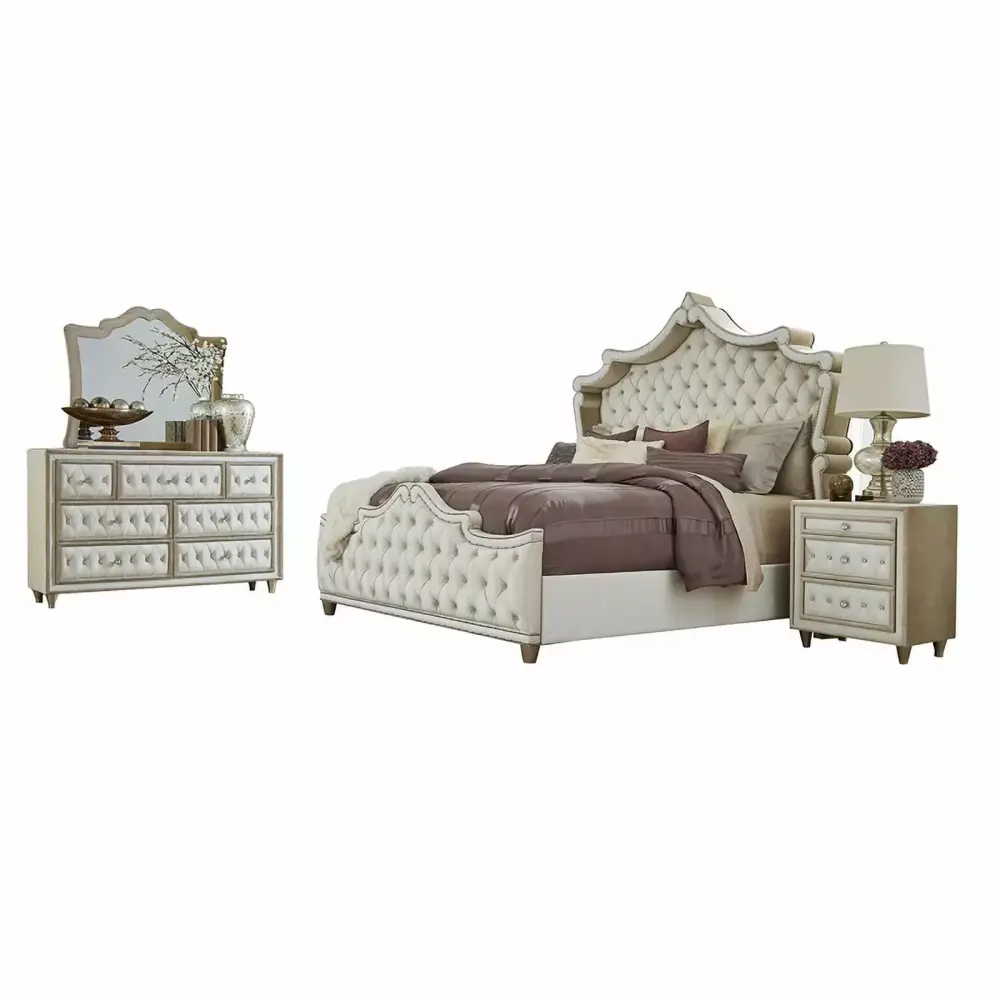 Pemberly Row 4-piece Eastern King Upholstered Velvet Bedroom Set in Ivory