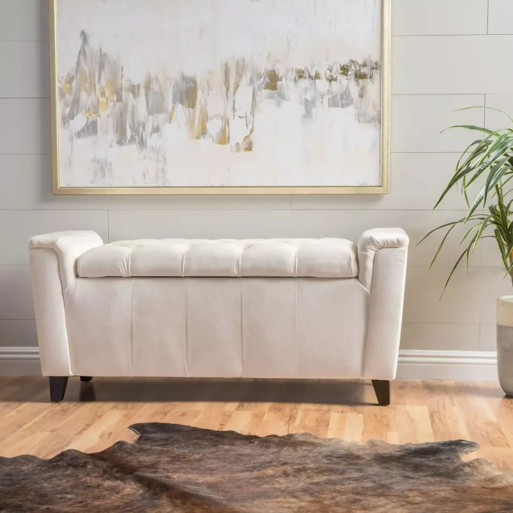 Noble House Charlesgate Armed Velvet Storage Bench Ivory Upholstered Bench