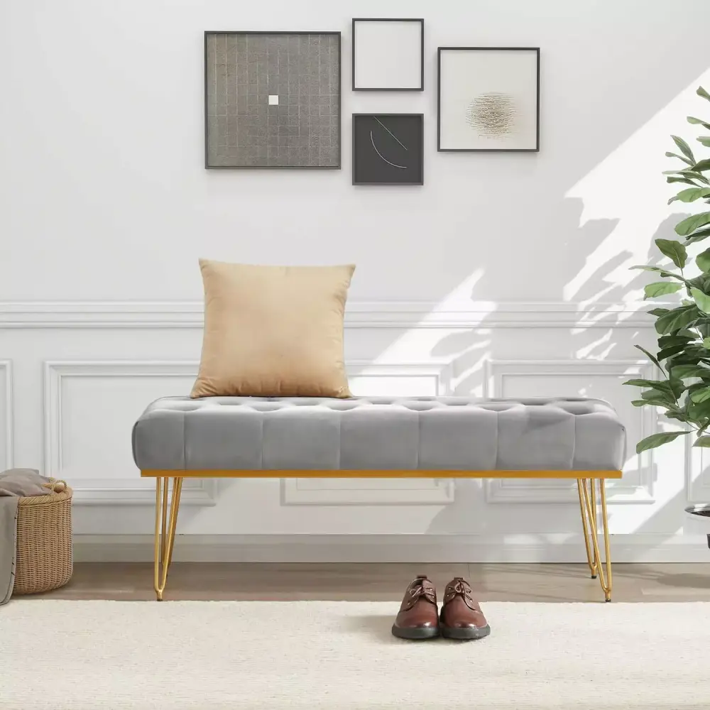 45 Inch Velvet Upholstered Bench with Metal Legs - Modern Ottoman for Bedroom or Living Room