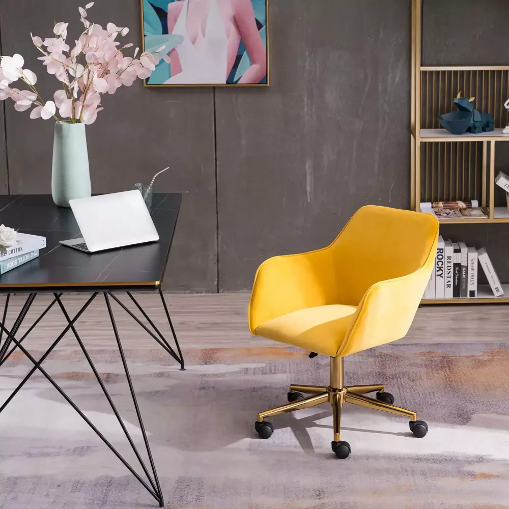 Modern Velvet Home Office Chair Wide Diameter 360 Degree Swivel Task Chair with Arms Yellow Metal Frame