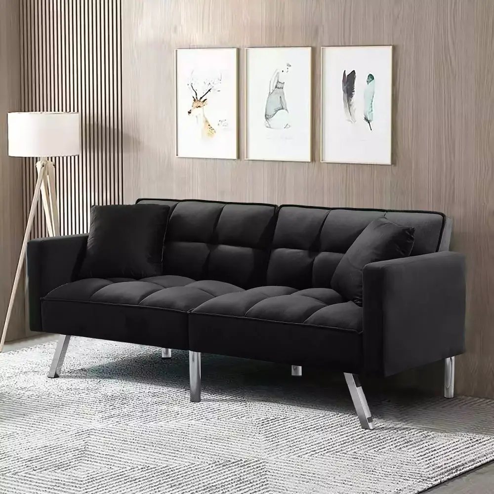 Convertible Velvet Futon Sofa Bed Modern Sleeper Sofa with 2 Pillows and Adjustable Backrest Black
