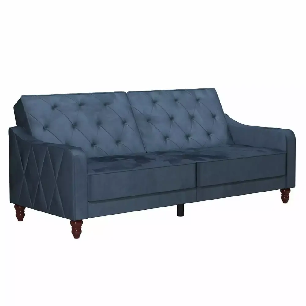 Pemberly Row Contemporary Vintage Tufted Split Back Futon Blue Velvet Full Size