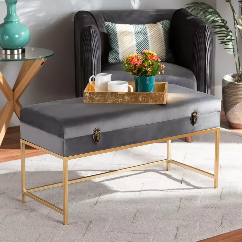 Baxton Studio Aliana Glam and Luxe Grey Velvet Fabric Upholstered and Gold Finished Metal Large Storage Ottoman