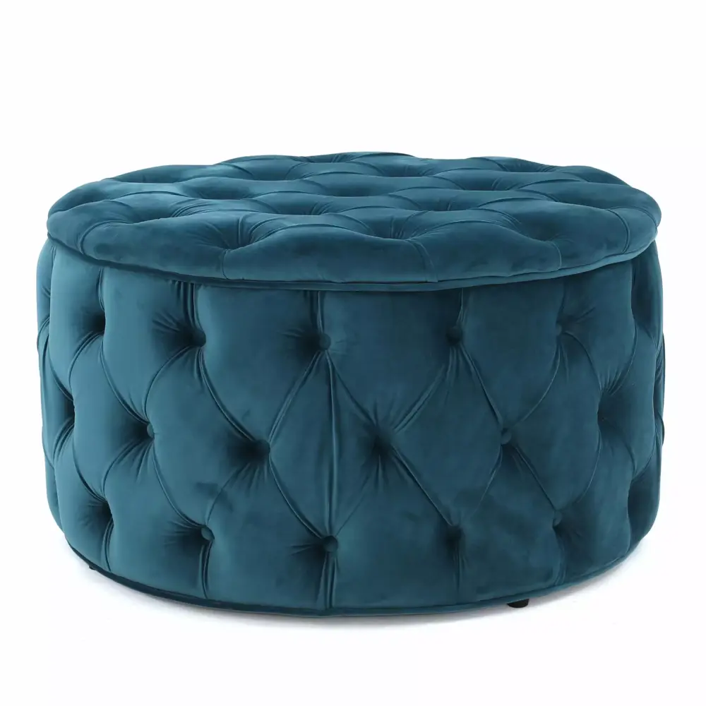 GDF Studio Howell Modern Glam Velvet Tufted Circular Ottoman Dark Teal