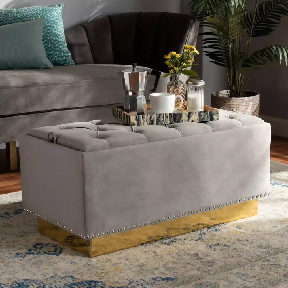 Baxton Studio Powell Grey Velvet and Gold PU Leather Storage Ottoman