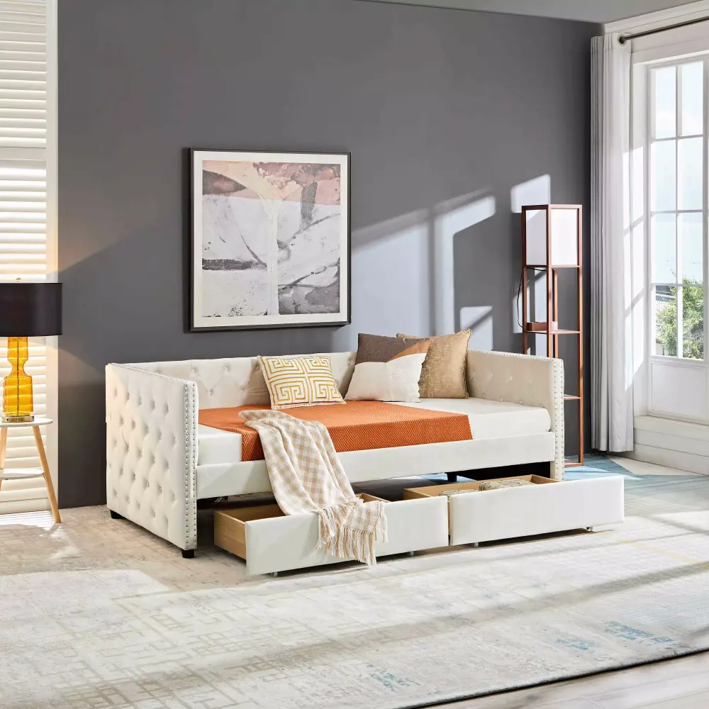 Modern Velvet Upholstered Sofa Bed with Double Drawers and Button Tufted Frame