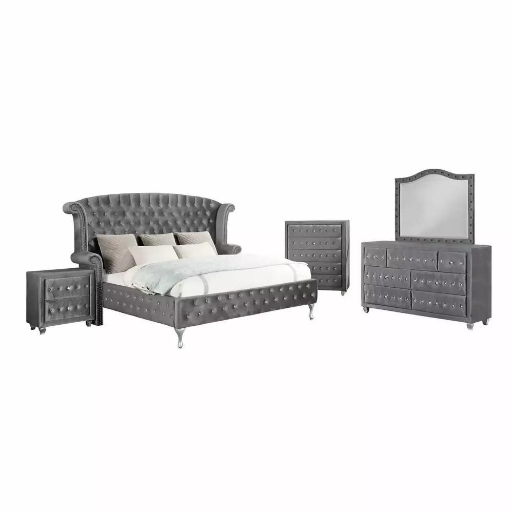 Pemberly Row 5-piece Queen Velvet Upholstered Tufted Bedroom Set in Gray - Dresser Mirror and Nightstands