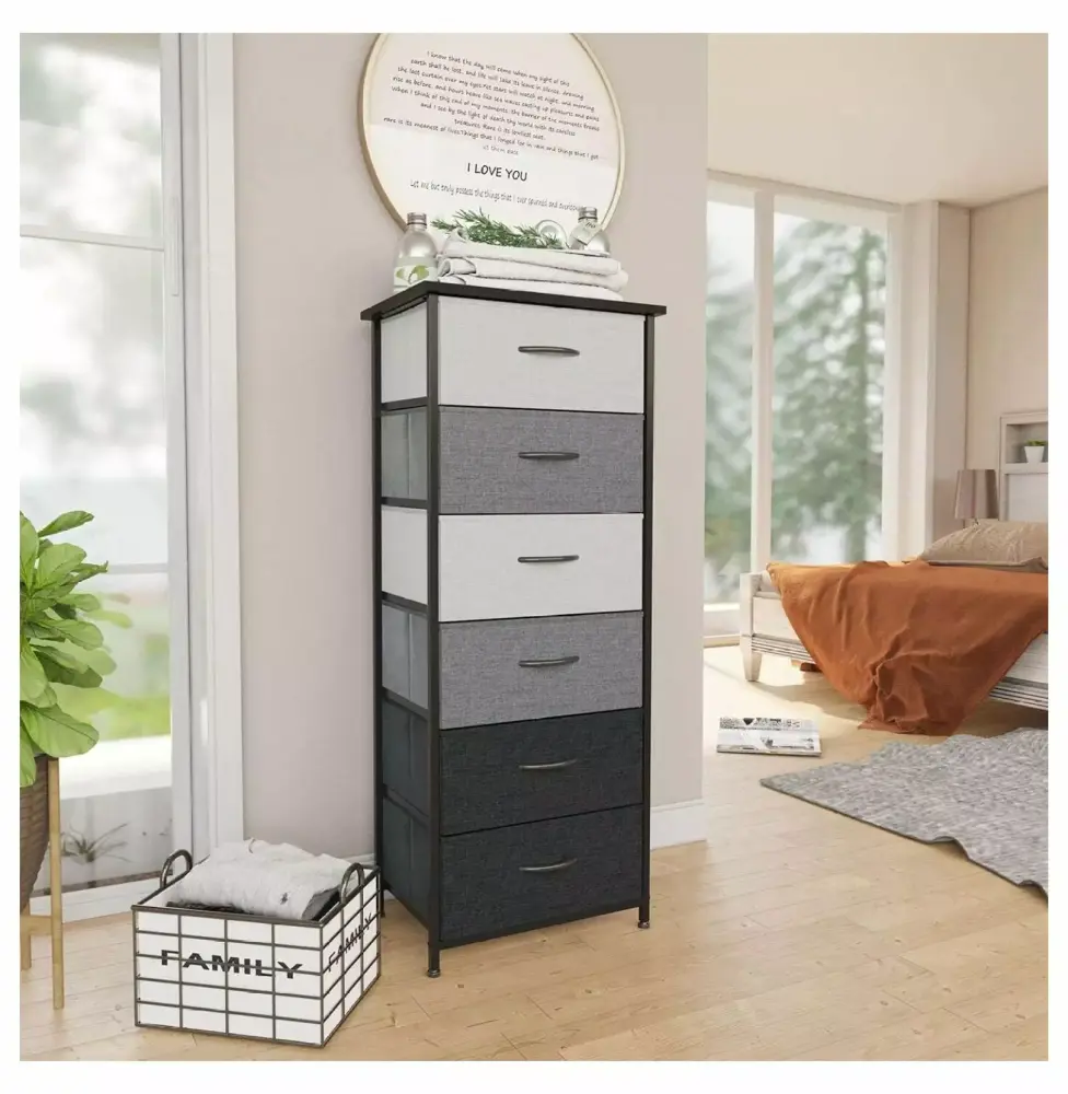 6-Drawer Tall Dresser with Metal Frame and Wooden Top - Black & Gray Fabric Storage for Closet