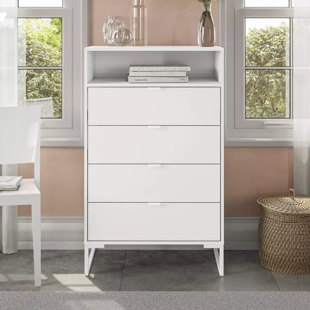 New Collins Tall 4-Drawer Vertical Dresser White Melamine Finish