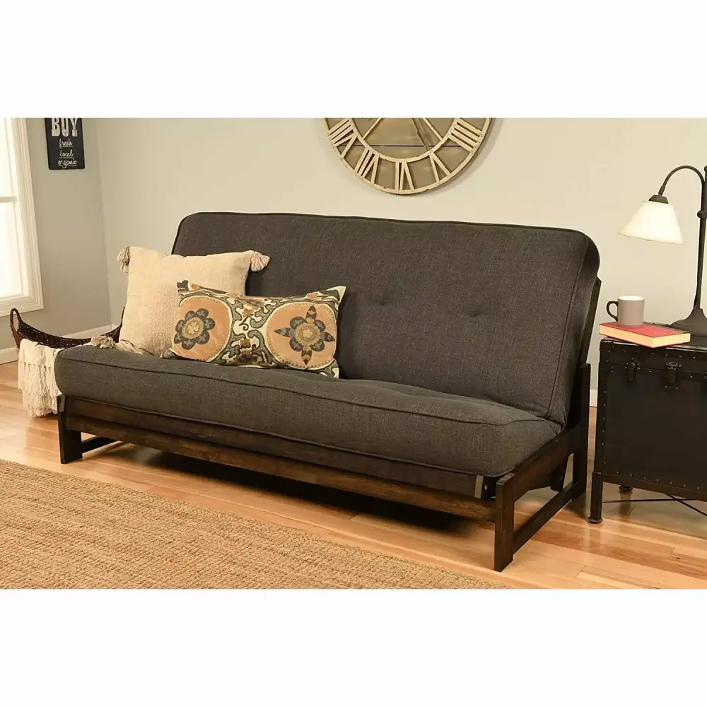 Maykoosh Victorian Virtue Futon Frame with Reclaim Mocha Finish and Linen Charcoal Mattress
