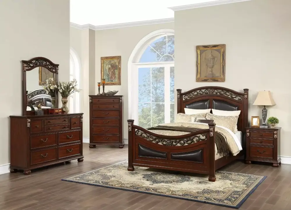 Vintage Royal Formal 6pc Brown Finish Queen Size Bedroom Set with Dresser Mirror Chest Nightstands Furniture