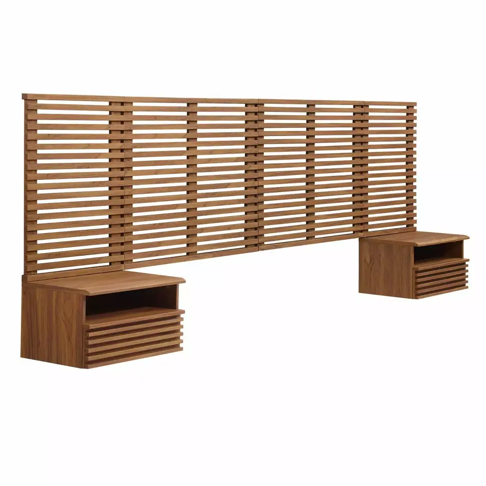 Render Wall-Mount King Headboard and Nightstands Set Mid-Century Space-Saving Storage