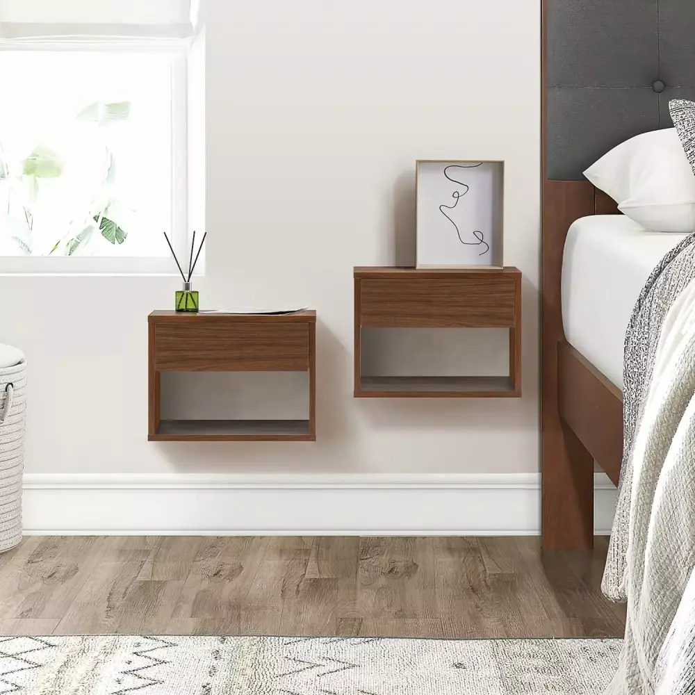 Hommoo Set of 2 Floating Nightstands Wall Mounted End Table with Drawer Storage Walnut