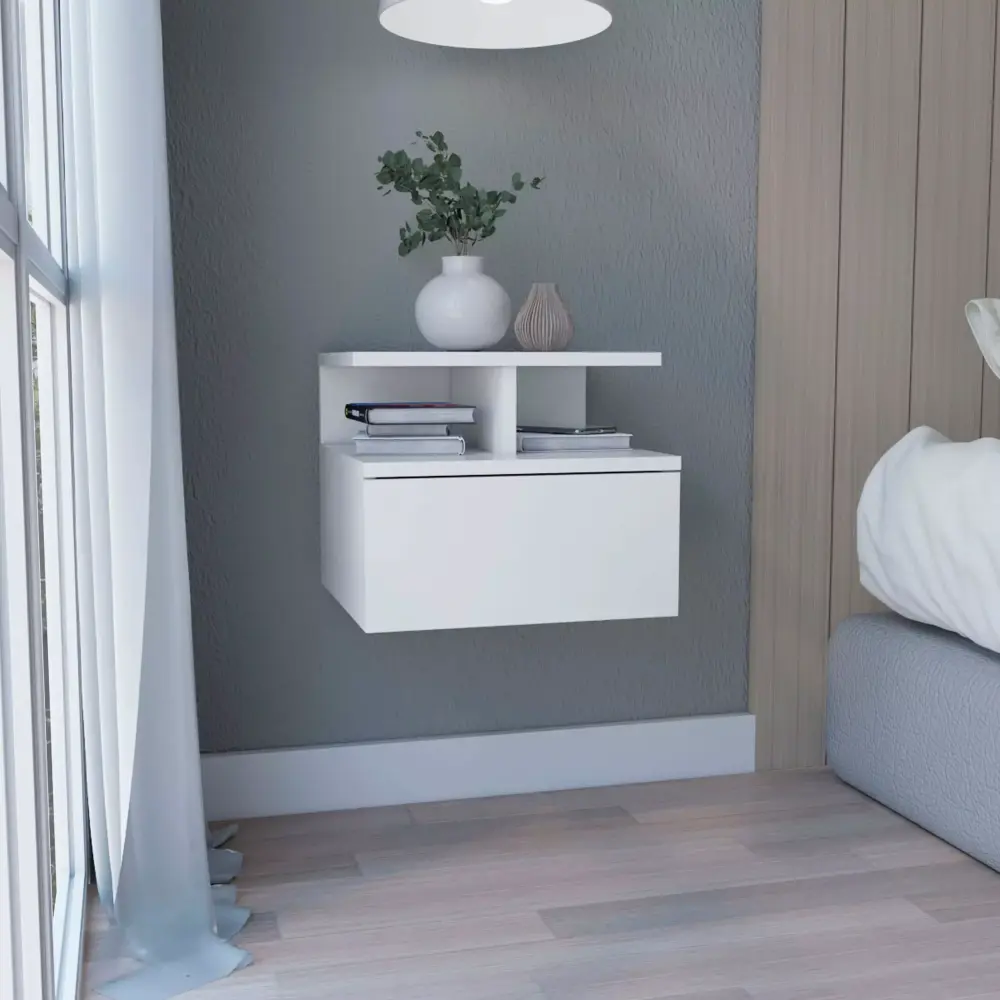 DeeHome Floating Nightstand 12H Wall Mounted with Single Drawer and 2-Tier Shelf White